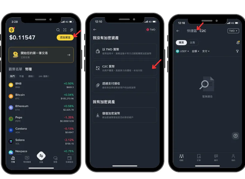 幣安 C2C 交易步驟 1:選擇 C2C 快捷買幣