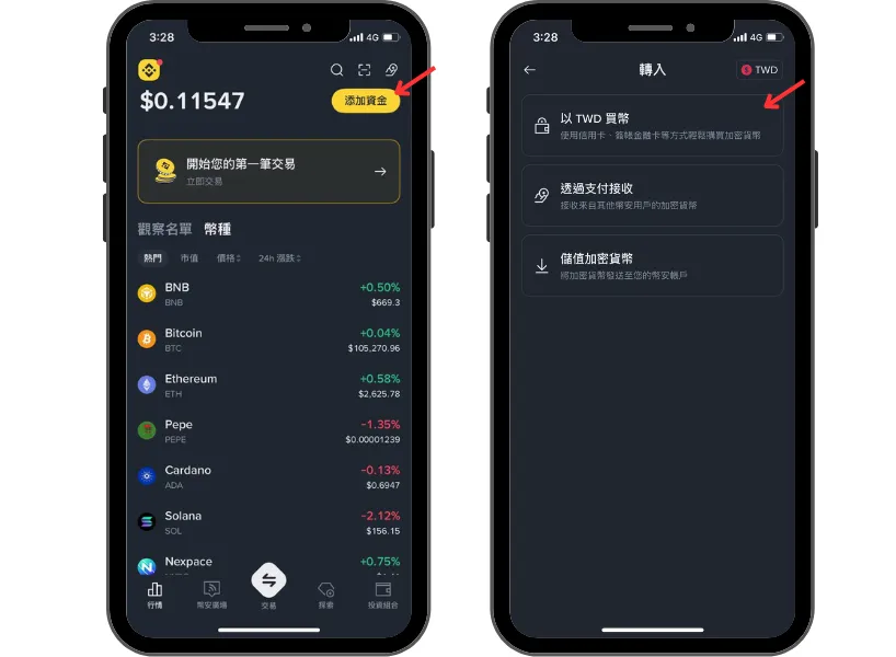 幣安信用卡買幣步驟 1:選擇購買方式